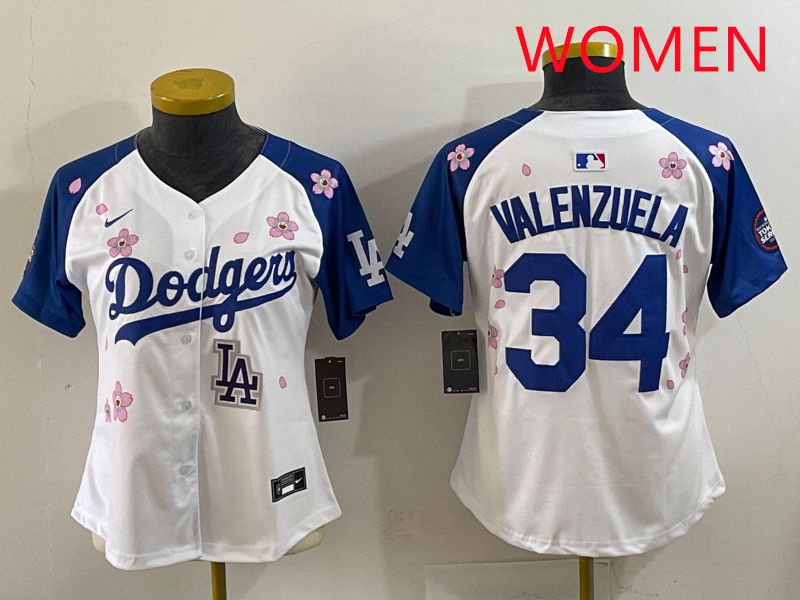 Women Los Angeles Dodgers #34 Valenzuela White Blue Sakura Edition 2025 Nike MLB Jersey style 39->women mlb jersey->Women Jersey